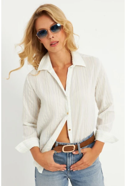 Kadın Ekru-Mavi Gömlek KED714