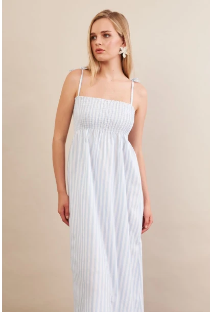 Kadın Ekru-Mavi Straplez çizgili Plaj Elbisesi OR502