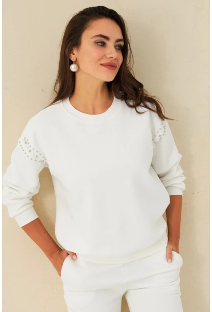 Kadın Ekru Omuzları İnci Detaylı Sweatshirt DY1424