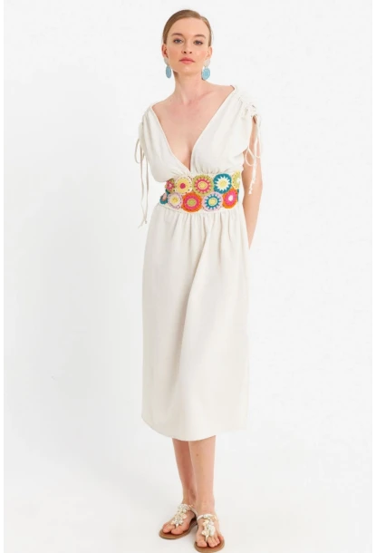 Kadın Ekru Ön Arka V Nakışlı Midi Elbise ELT180