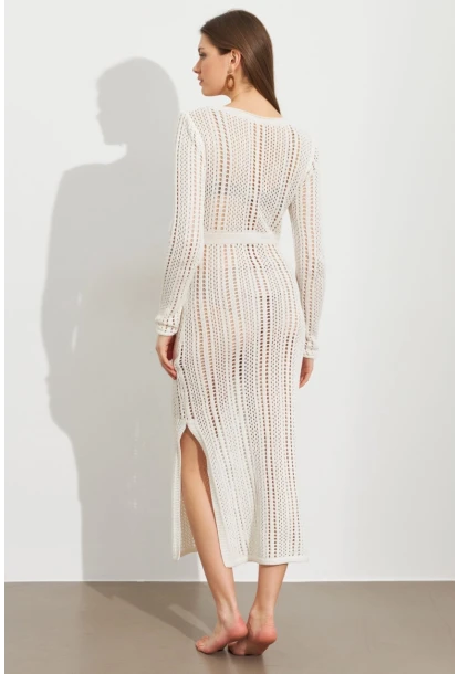 Kadın Ekru Önü Pencereli Ajurlu Plaj Elbisesi KZ545