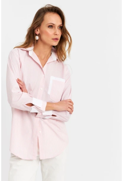 Kadın Ekru-Pembe Çizgili Gömlek MPC6041