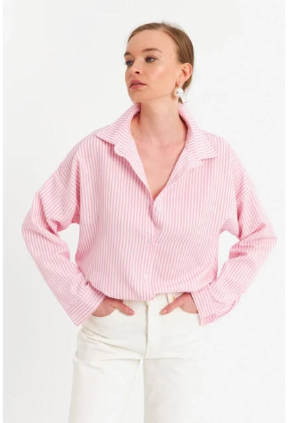 Kadın Ekru-Pembe Çizgili Gömlek ZER425
