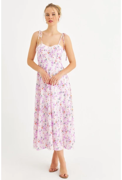 Kadın Ekru-Pembe İp Askılı Çiçekli Midi Elbise ERL10013