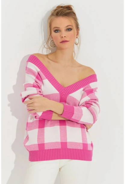 Kadın Ekru-Pembe V Yaka Ekose Triko Kazak TH1102