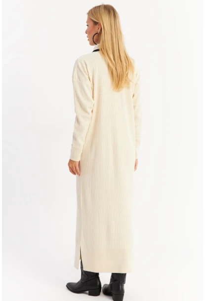 Kadın Ekru Polo Yaka Triko Maxi Elbise MNUV17