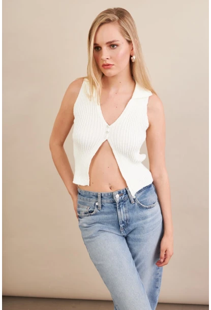 Kadın Ekru Polo Yaka Yumoş Yelek ZH050