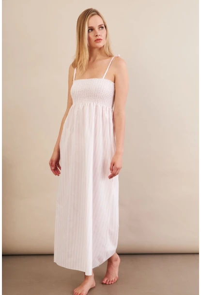 Kadın Ekru-Pudra Straplez Çizgili Plaj Elbisesi OR502