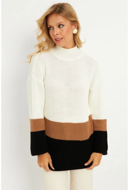 Kadın Ekru Renk Bloklu Kazak YV277