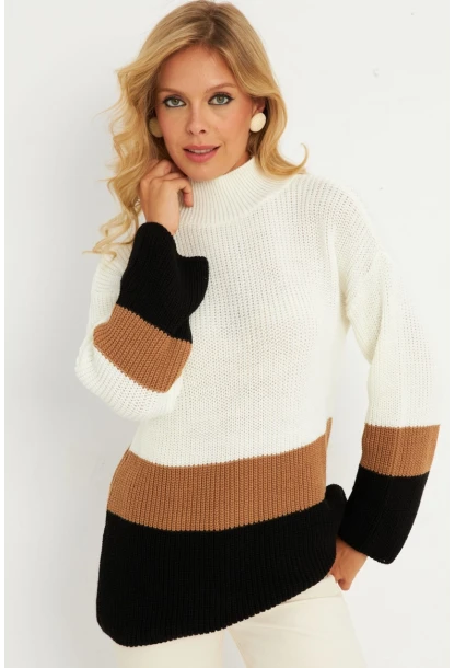 Kadın Ekru Renk Bloklu Kazak YV277