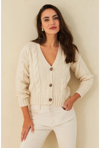 Kadın Ekru Saç Örgülü Hırka YV295