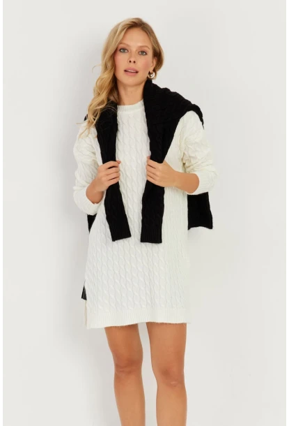 Kadın Ekru Saç Örgülü Triko Tunik KZ2505