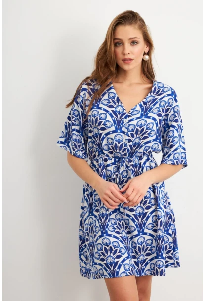 Kadın Ekru-Saks Desenli Mini Elbise Q1006