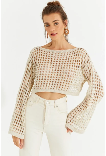 Kadın Ekru Simli Ajurlu Triko Kısa Bluz YV141