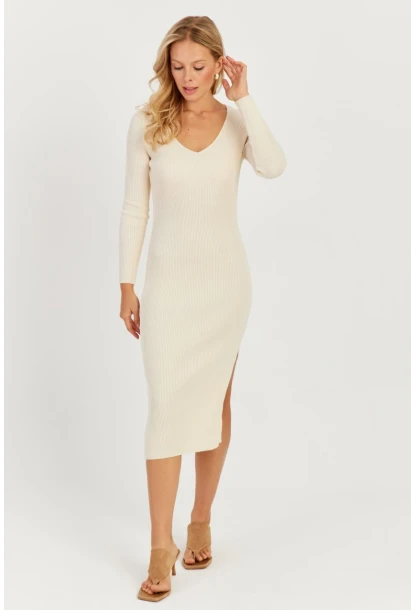 Kadın Ekru Sırtı Çapraz Triko Midi Elbise YZ407