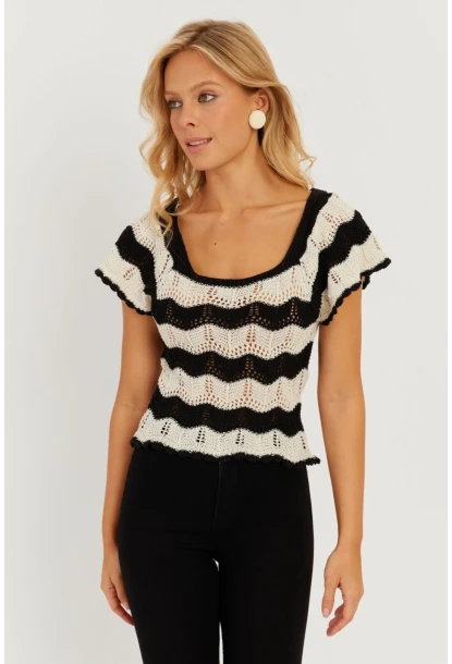 Kadın Ekru-Siyah Ajurlu Triko Bluz YZ624