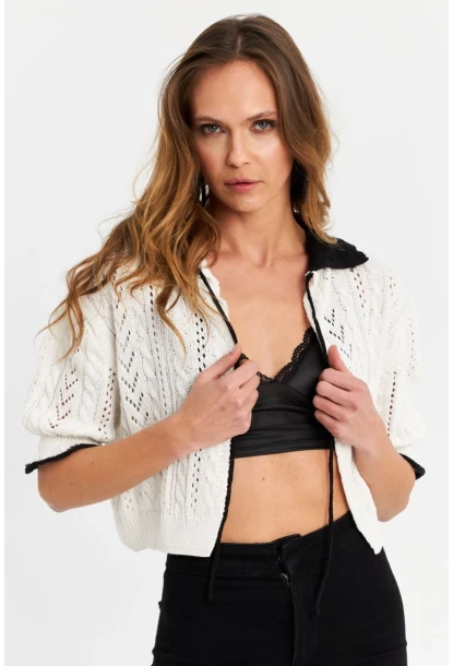 Kadın Ekru-Siyah Ajurlu Triko Hırka YV307