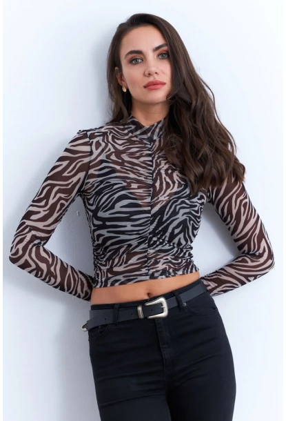 Kadın Ekru-Siyah Büzgülü Desenli Tül Bluz AYD379