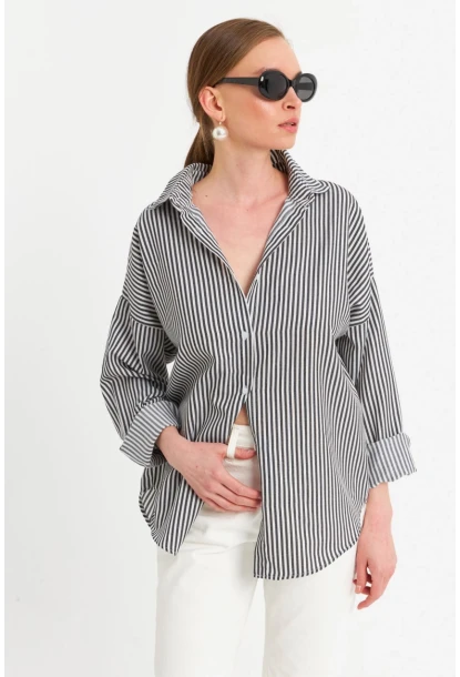 Kadın Ekru-Siyah Çizgili Gömlek ZER425
