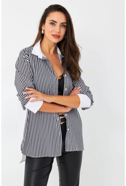 Kadın Ekru-Siyah Çizgili Kontrast Gömlek ELT156