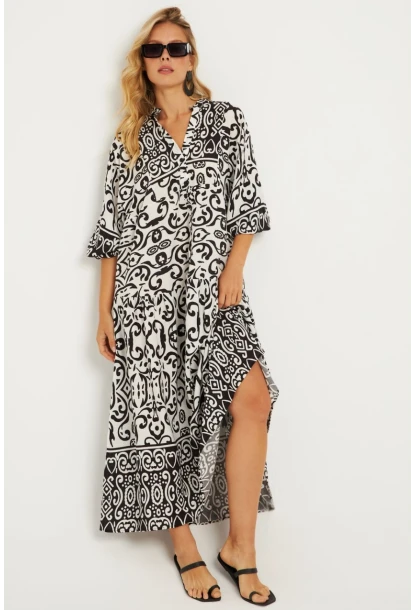 Kadın Ekru-Siyah Desenli Midi Elbise MGÇ169