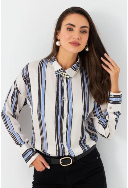 Kadın Ekru-Siyah Desenli Saten Gömlek MSHR500