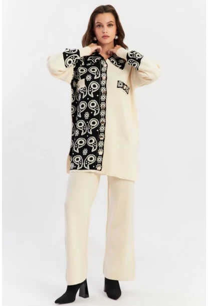 Kadın Ekru-Siyah Desenli Triko Alt Üst Takım NUV1066