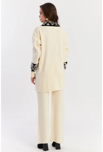 Kadın Ekru-Siyah Desenli Triko Alt Üst Takım NUV1066