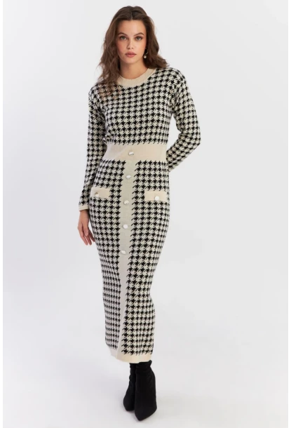 Kadın Ekru-Siyah Düğme Aksesuarlı Desenli Maxi Elbise NUV41