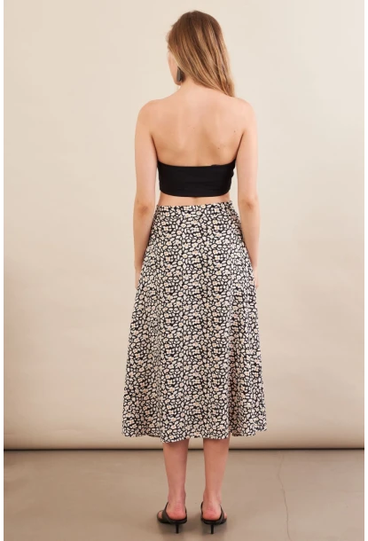 Kadın Ekru-Siyah Düğmeli Midi Etek SH60