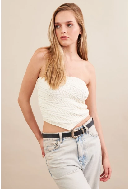 Kadın Ekru Straplez Triko Crop Bluz ZH049