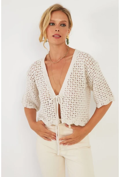 Kadın Ekru Triko Ajurlu Hırka YV255