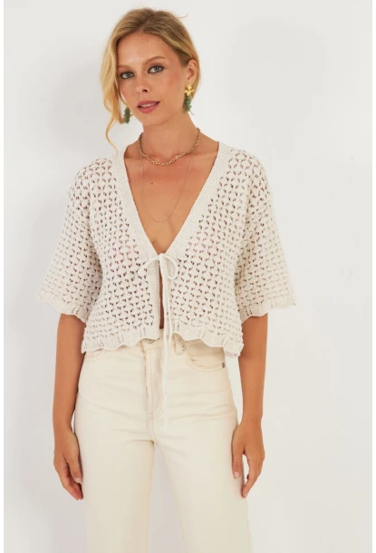 Kadın Ekru Triko Ajurlu Hırka YV255