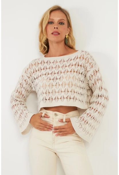 Kadın Ekru Triko Bluz YV254