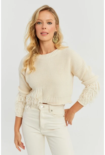 Kadın Ekru Triko Kısa Kazak YZ526