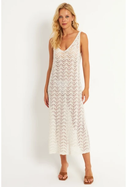 Kadın Ekru Triko Midi Plaj Elbisesi HC1482