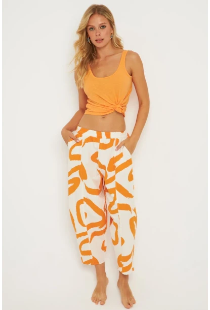 Kadın Ekru-Turuncu Desenli Keten Şalvar Pantolon K1253
