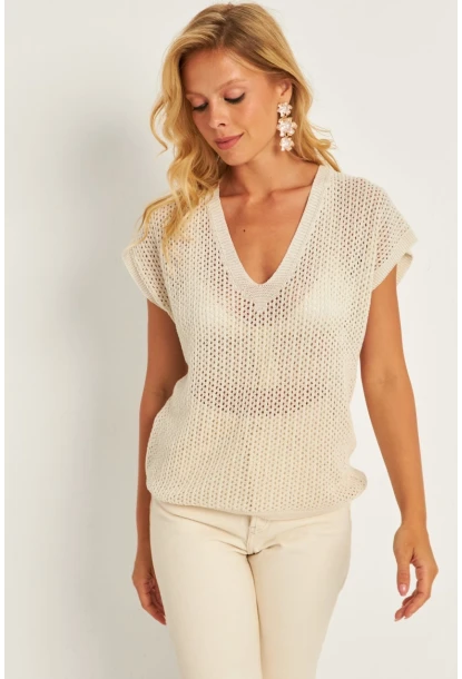 Kadın Ekru V Yaka Fileli Bluz SMT230