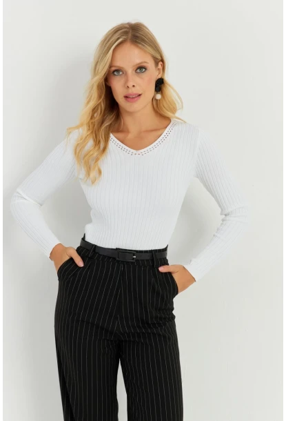 Kadın Ekru V Yaka Fitilli Triko Bluz SMT216