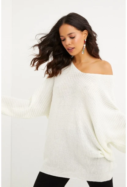 Kadın Ekru V Yaka Salaş Oversize Triko Tunik SMT158