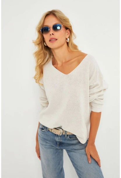 Kadın Ekru V Yaka Triko Bluz YV282