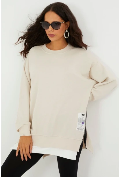 Kadın Ekru Yanları Fermuarlı Oversize Sweatshirt BK231095