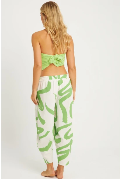 Kadın Ekru-Yeşil Desenli Keten Şalvar Pantolon K1253