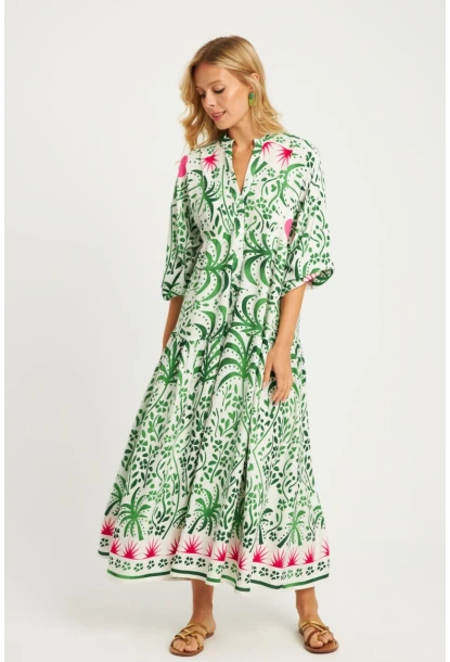 Kadın Ekru-Yeşil Desenli Midi Elbise MGÇ169