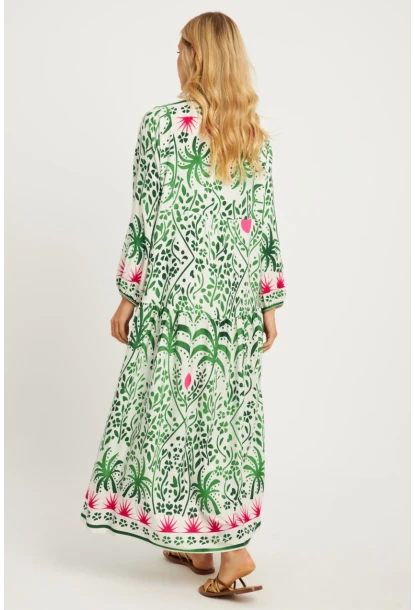 Kadın Ekru-Yeşil Desenli Midi Elbise MGÇ169