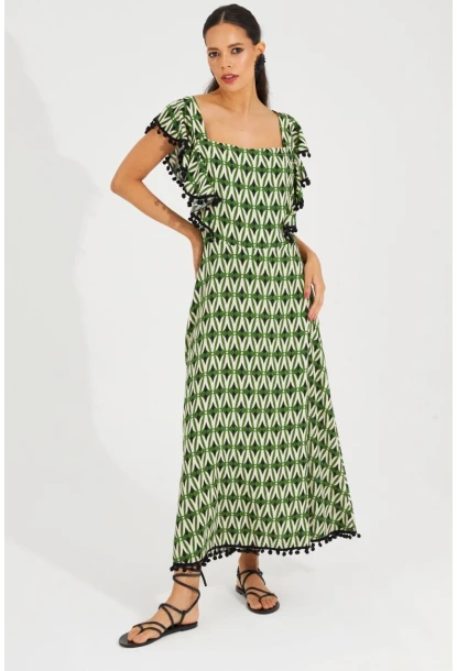 Kadın Ekru-Yeşil Sırtı Gipeli Kare Yaka Elbise BK1650