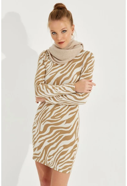 Kadın Ekru Zebra Desenli Mini Elbise AYD249