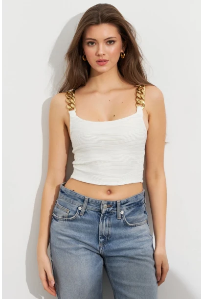 Kadın Ekru Zincir Askılı Astarlı Crop Bluz LİT109