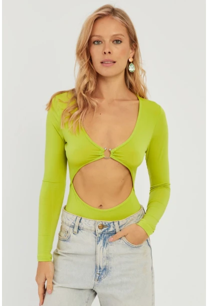 Kadın Fıstık Yeşil Dekolteli Çıtçıtlı Body MEN2026