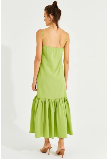 Kadın Fıstık Yeşil Eteği Volanlı Askılı Midi Elbise MEN2001